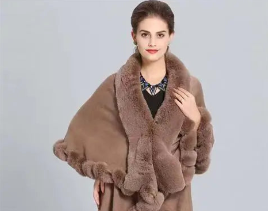 Statement Plaid Cape with Faux Fox Fur Trim