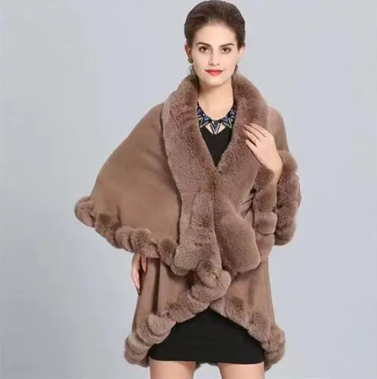 Statement Plaid Cape with Faux Fox Fur Trim